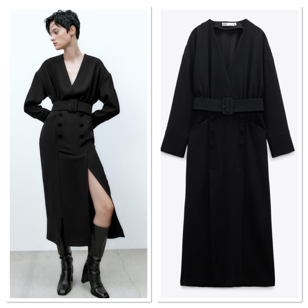 Zara Wrap V-Neck Long Sleeve Belted Midi Dress In Black
